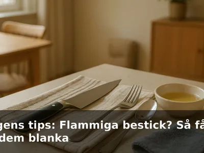 Blank rostfri sked och kockkniv på en kökshandduk, bredvid en liten skål med ättika och en mikrofiberduk.