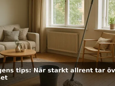 Vädrat vardagsrum med öppet fönster och en mopphink med klart vatten.