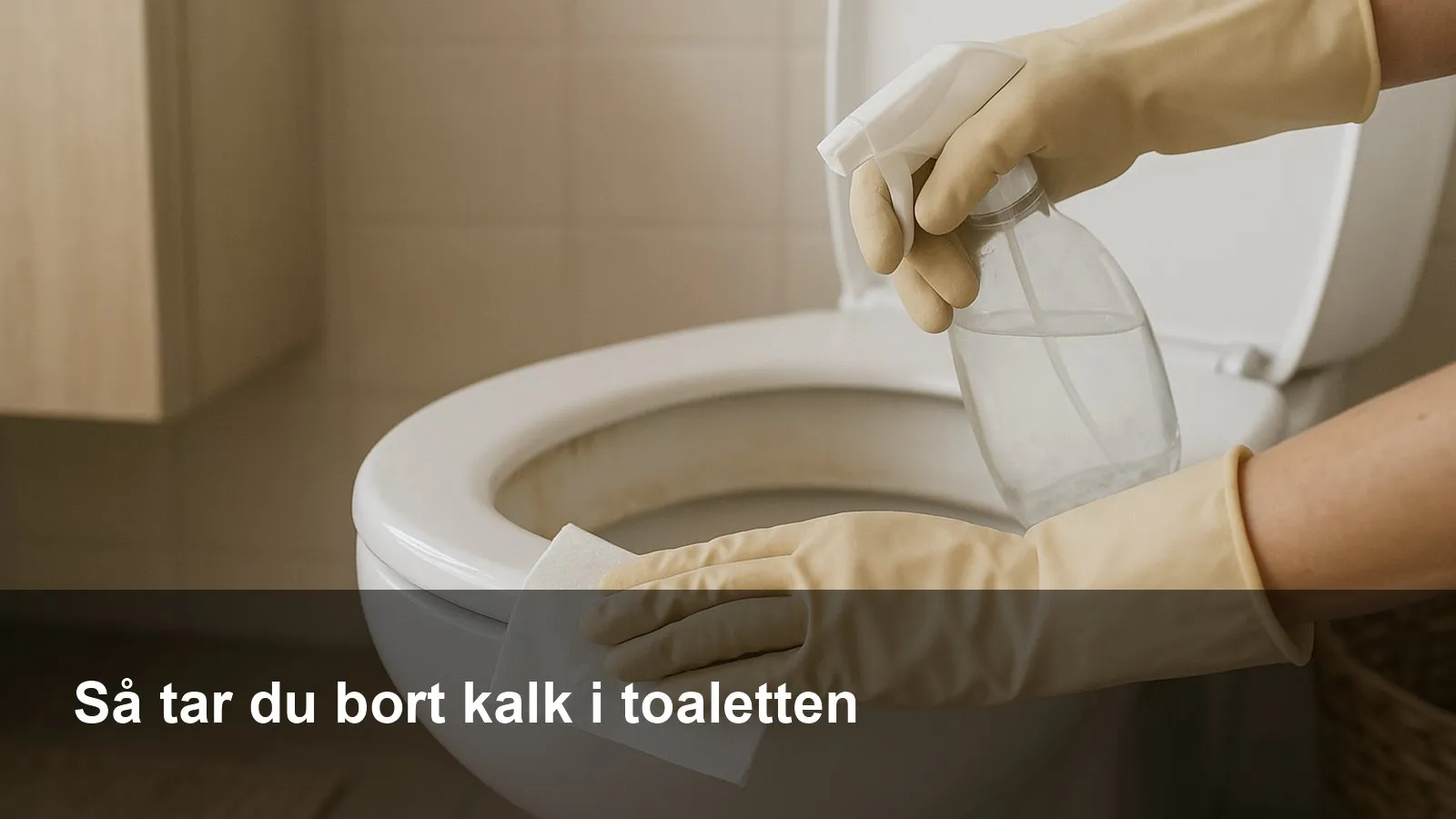 Person med gummihandskar som lägger ättika med hushållspapper under toalettens kant för att lösa kalkranden.