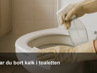 Person med gummihandskar som lägger ättika med hushållspapper under toalettens kant för att lösa kalkranden.