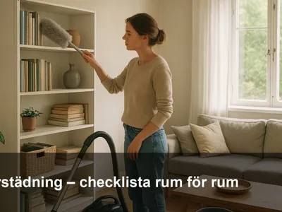 Vardagsrum under storstädning med öppet fönster. En person dammar en bokhylla med mikrofiberdammvippa, dammsugare och hink syns.