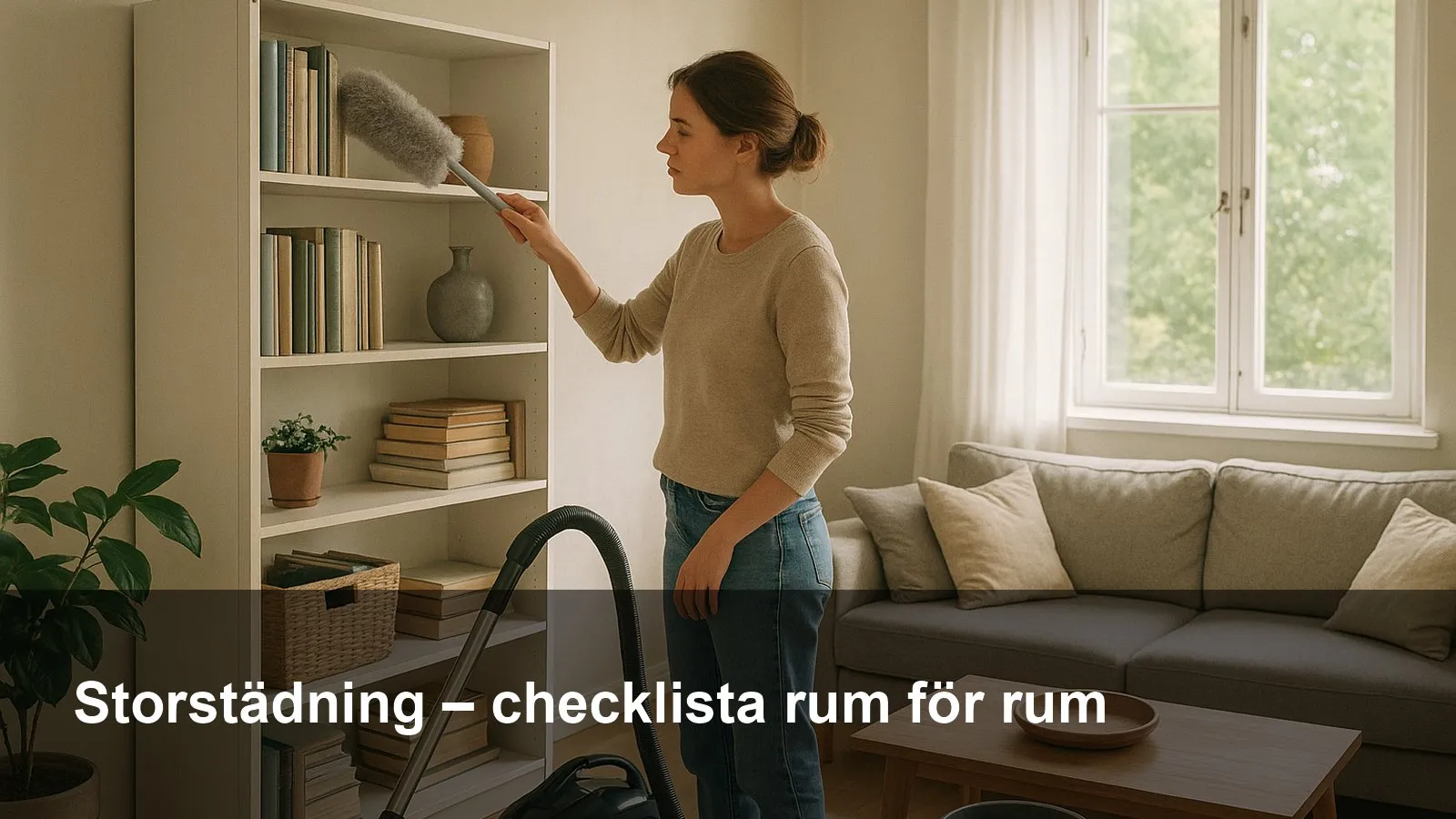 Vardagsrum under storstädning med öppet fönster. En person dammar en bokhylla med mikrofiberdammvippa, dammsugare och hink syns.