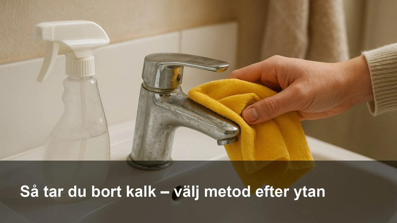 Kromkran med kalkfläckar som torkas ren med mikrofiberduk och mild citronsyralösning.