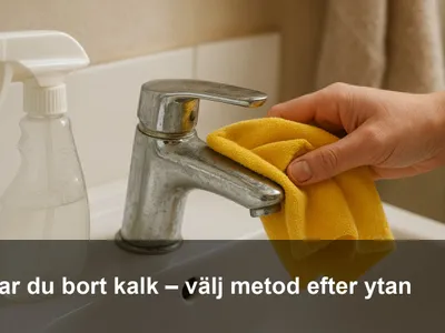 Kromkran med kalkfläckar som torkas ren med mikrofiberduk och mild citronsyralösning.