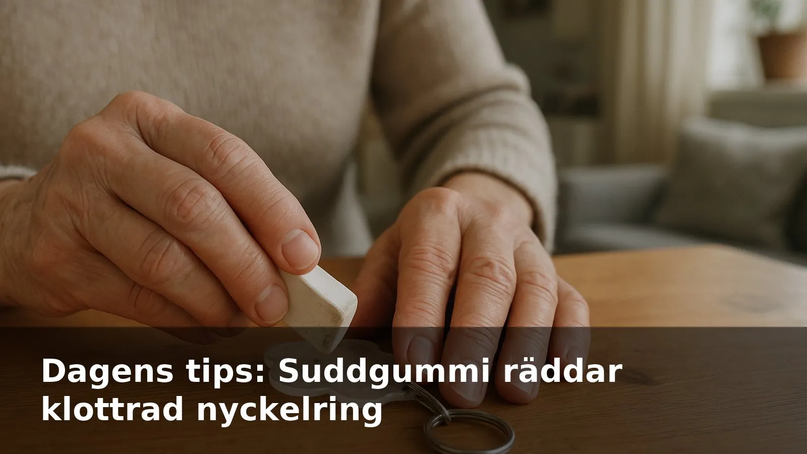 Hand som suddar bort pennkladd från en liten blank plastnyckelring.