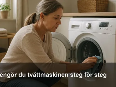 Person torkar gummilisten på en frontmatad tvättmaskins lucka med en mikrofibertrasa.