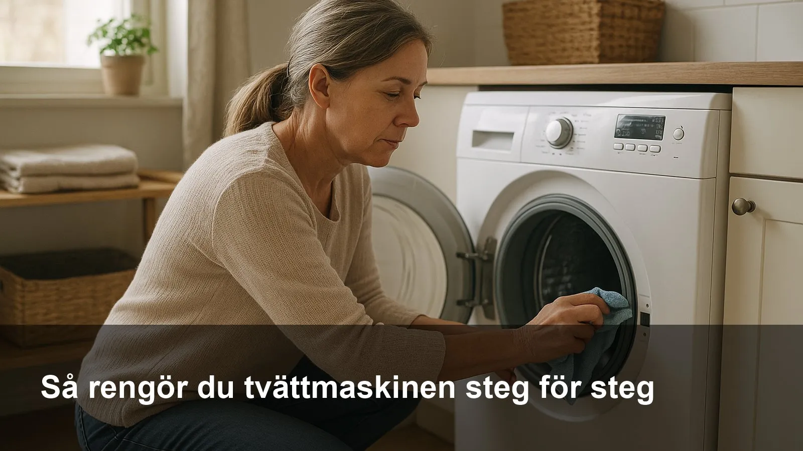 Person torkar gummilisten på en frontmatad tvättmaskins lucka med en mikrofibertrasa.