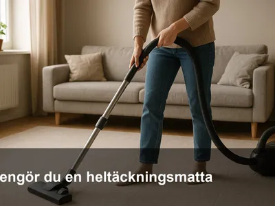 Dammsugning av ljus heltäckningsmatta i vardagsrum med långsamma, korsande drag