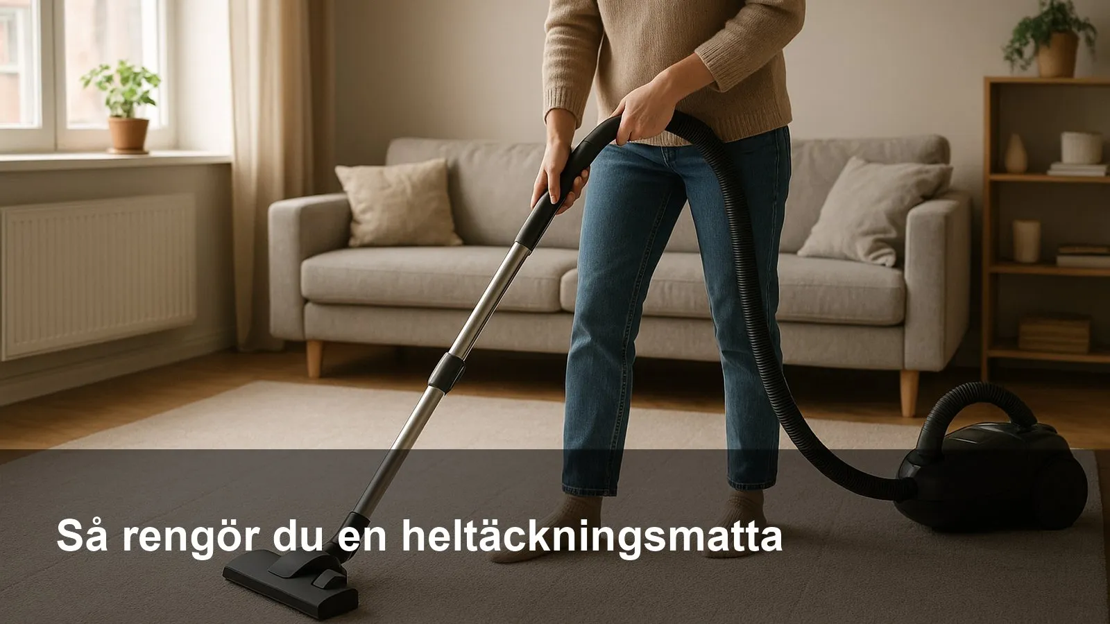 Dammsugning av ljus heltäckningsmatta i vardagsrum med långsamma, korsande drag