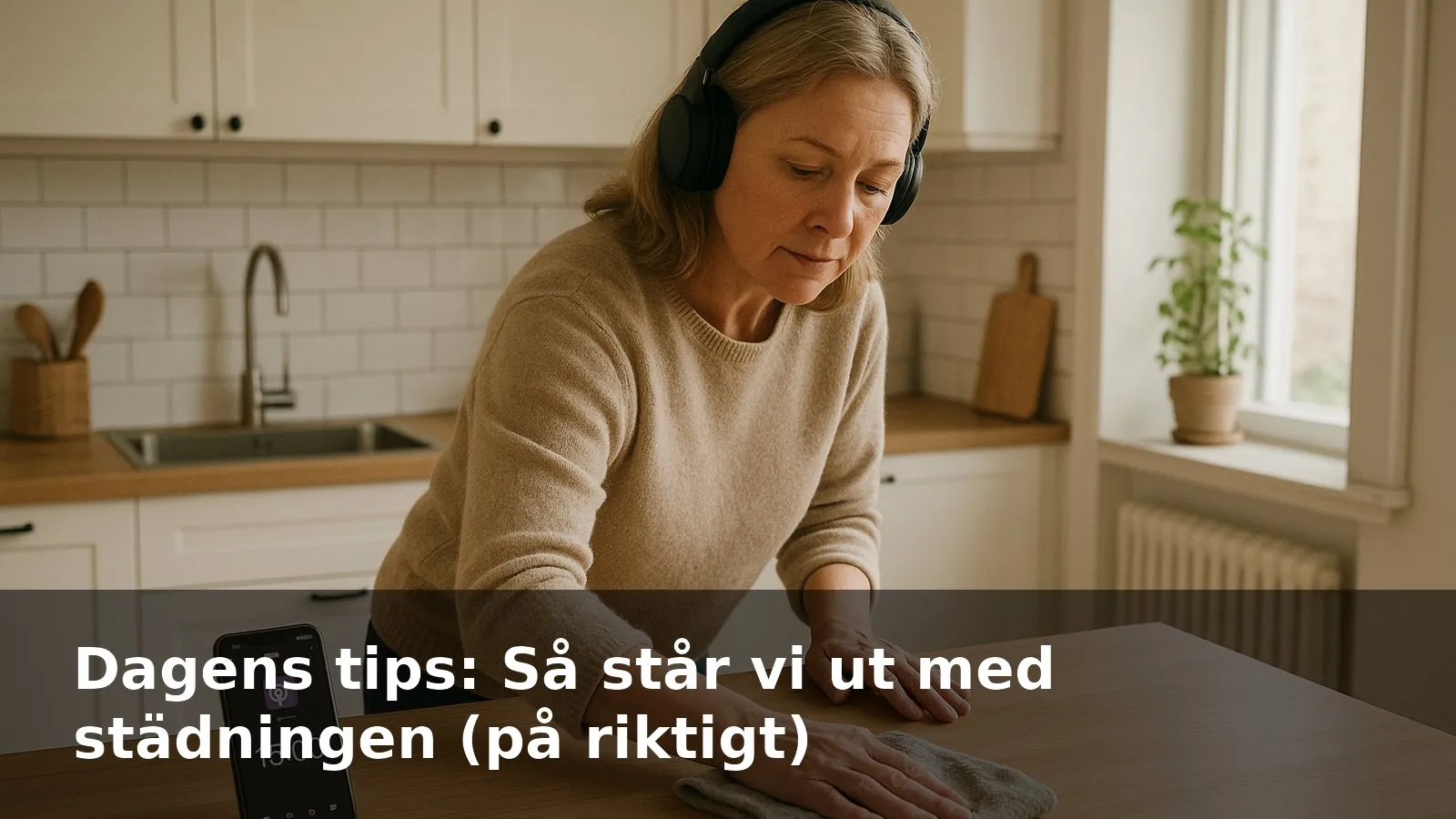 Person med hörlurar som torkar av en köksbänk medan en timer i mobilen visar 15 minuter.