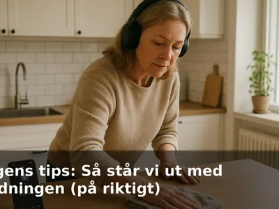 Person med hörlurar som torkar av en köksbänk medan en timer i mobilen visar 15 minuter.