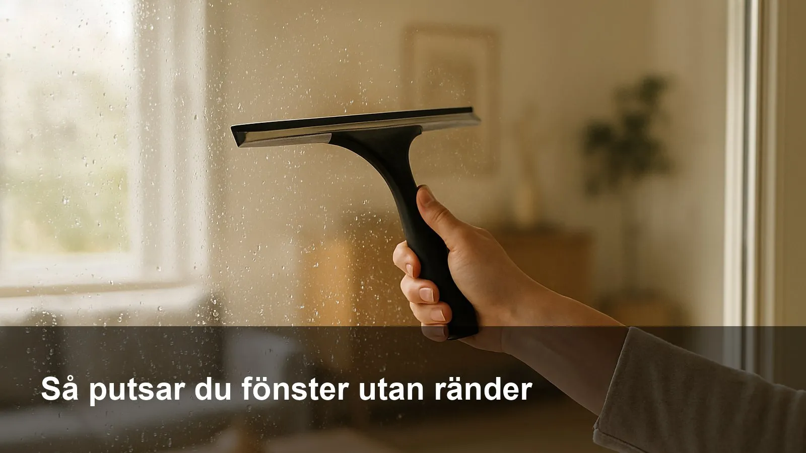 Fönsterskrapa som dras ner över en våt ruta och lämnar en klar, randfri yta i efterhand.