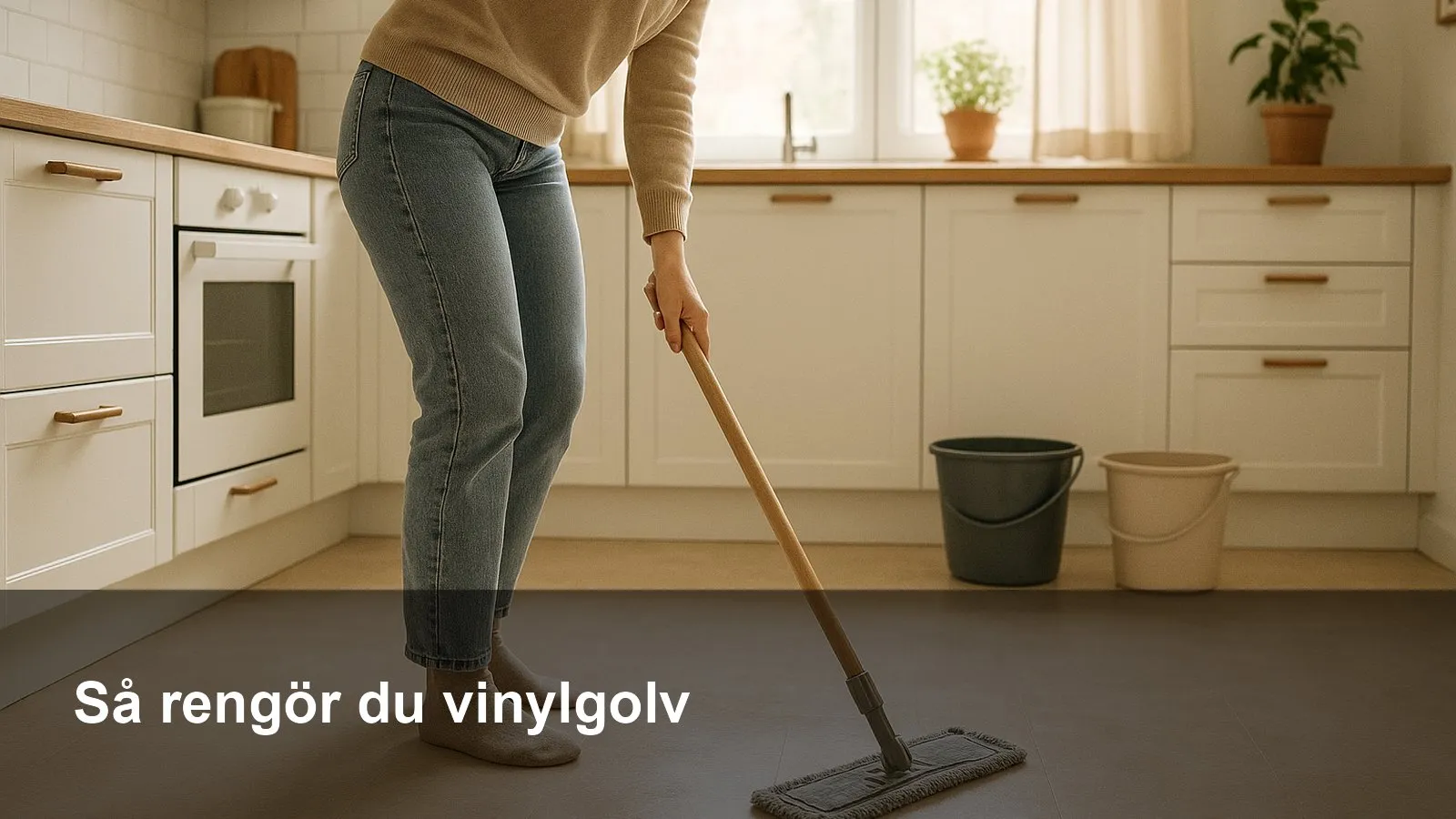 Mikrofibermopp som dras över ett vinylgolv, väl urvriden, med två hinkar i bakgrunden.