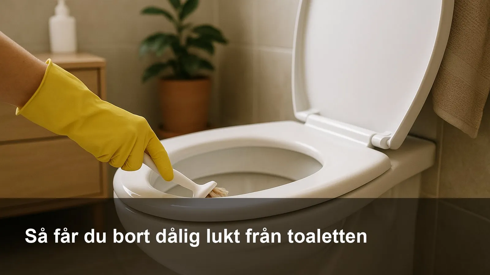Person med gummihandskar som rengör toalettens kant med en liten borste.