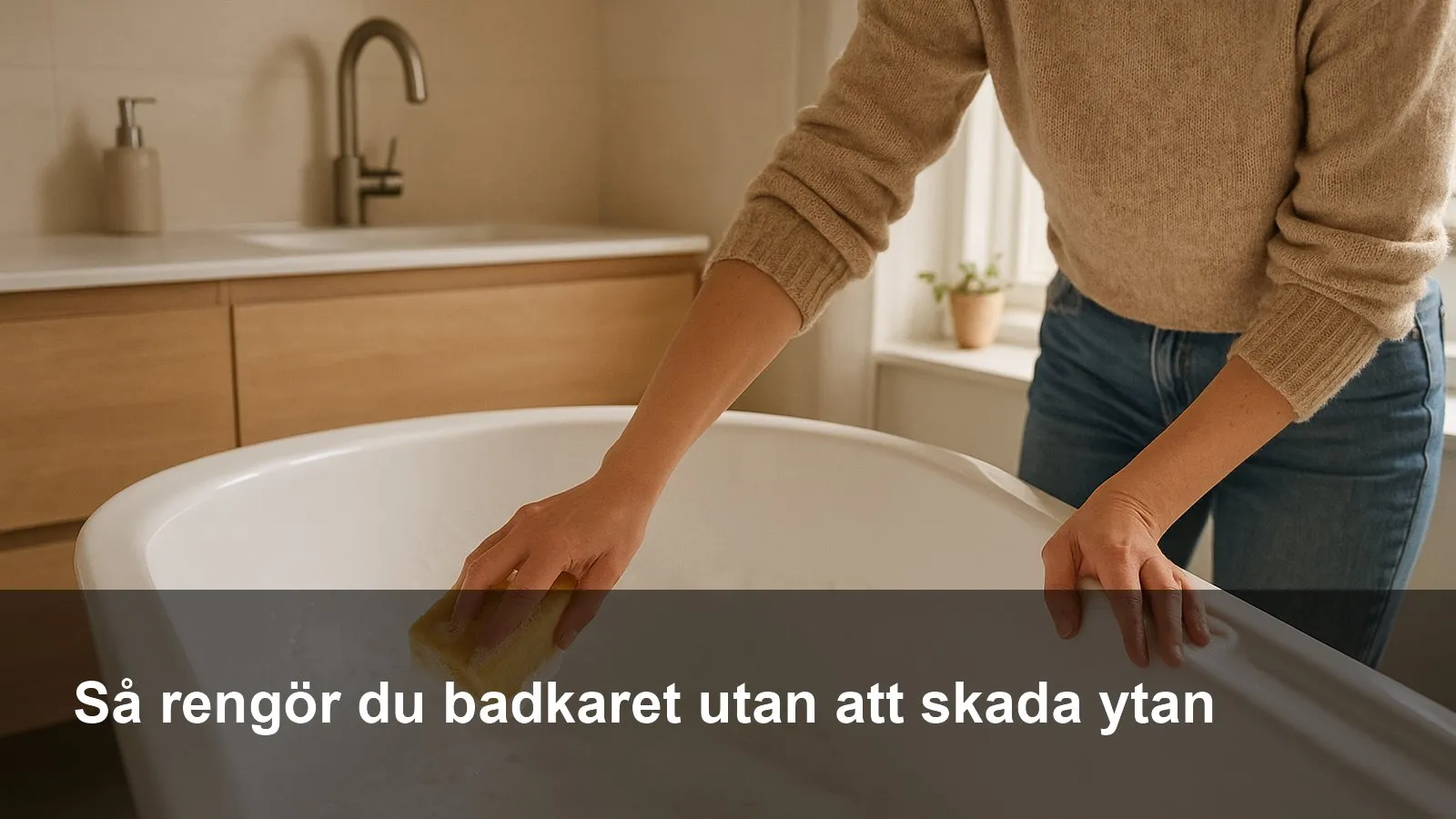 Hand som rengör ett vitt badkar med mjuk svamp och milt skum.