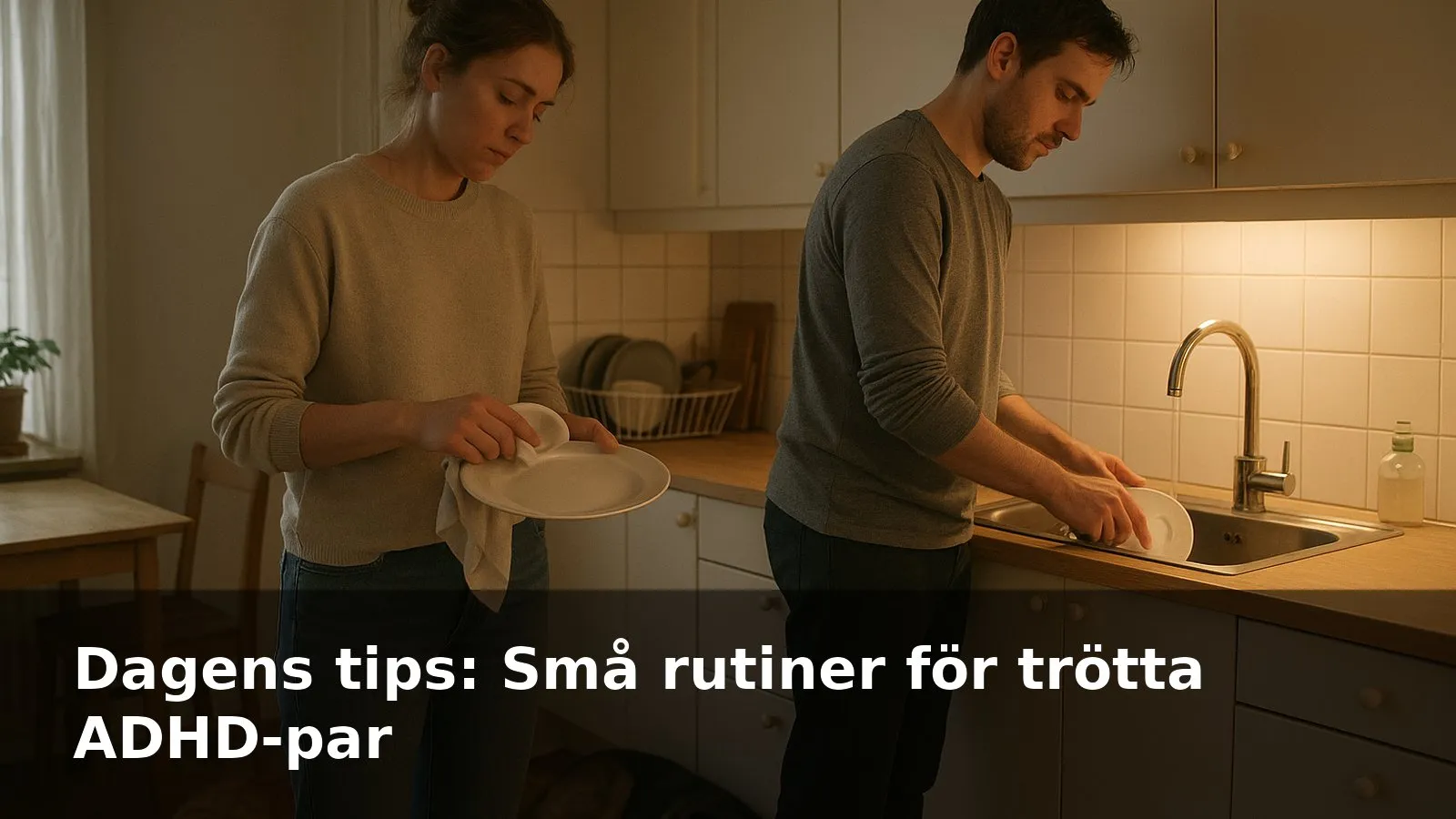 Ett par gör kvällsdisk i ett litet kök medan två hundar ligger på golvet.