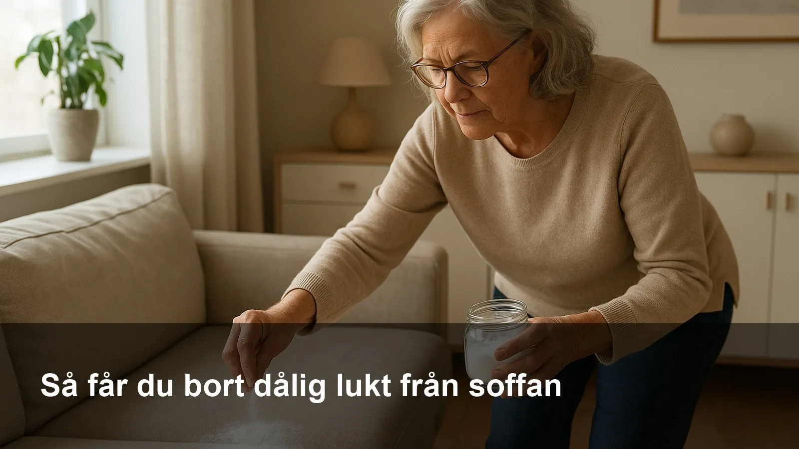 Hand som strör bikarbonat över en tygsoffa inför rengöring
