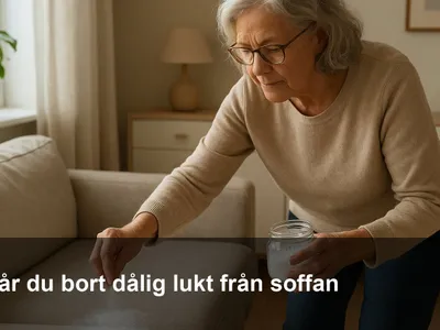 Hand som strör bikarbonat över en tygsoffa inför rengöring