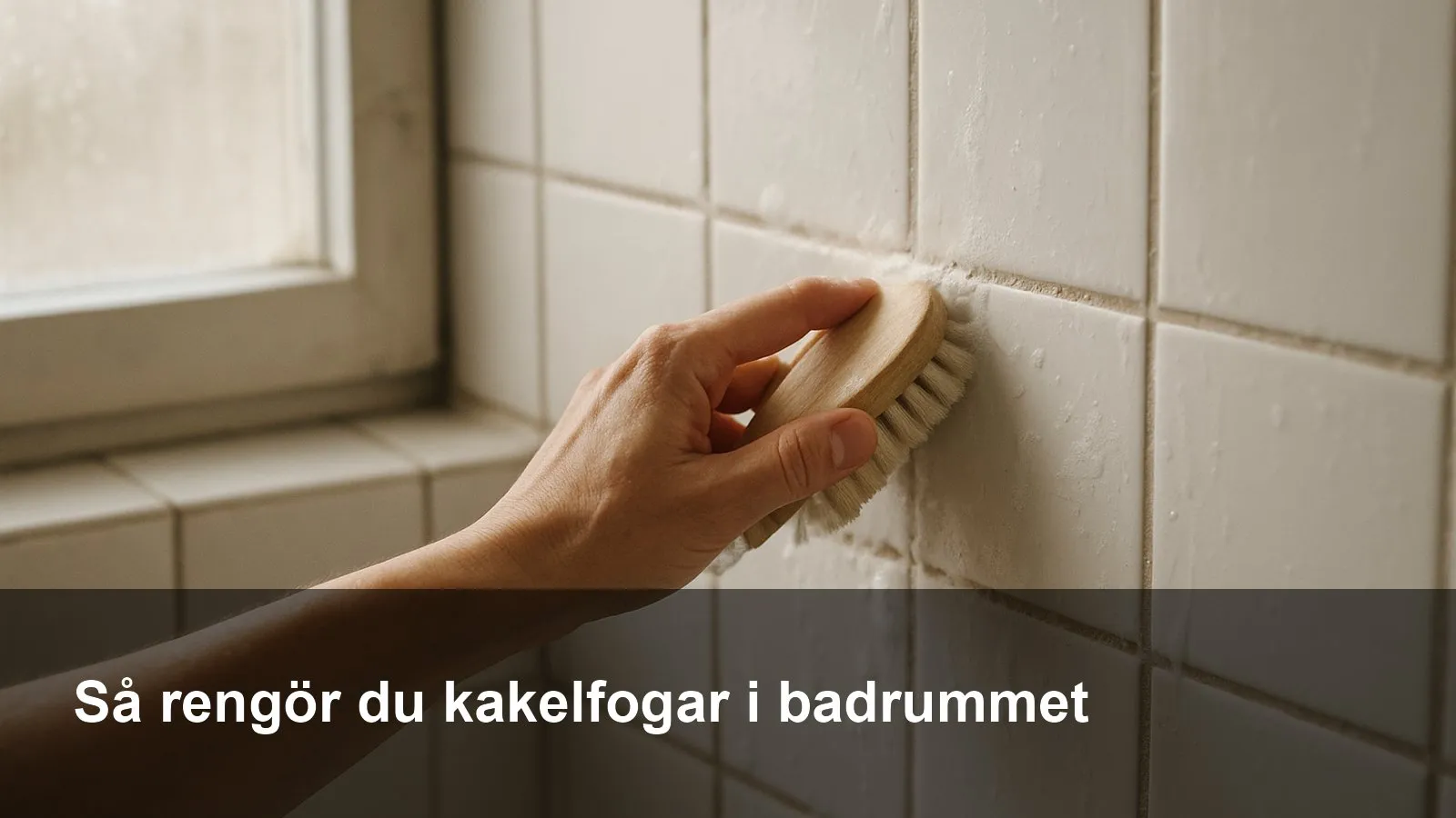 Närbild på hand som skrubbar kakelfog i duschen med en liten mjuk borste och lätt såplödder.