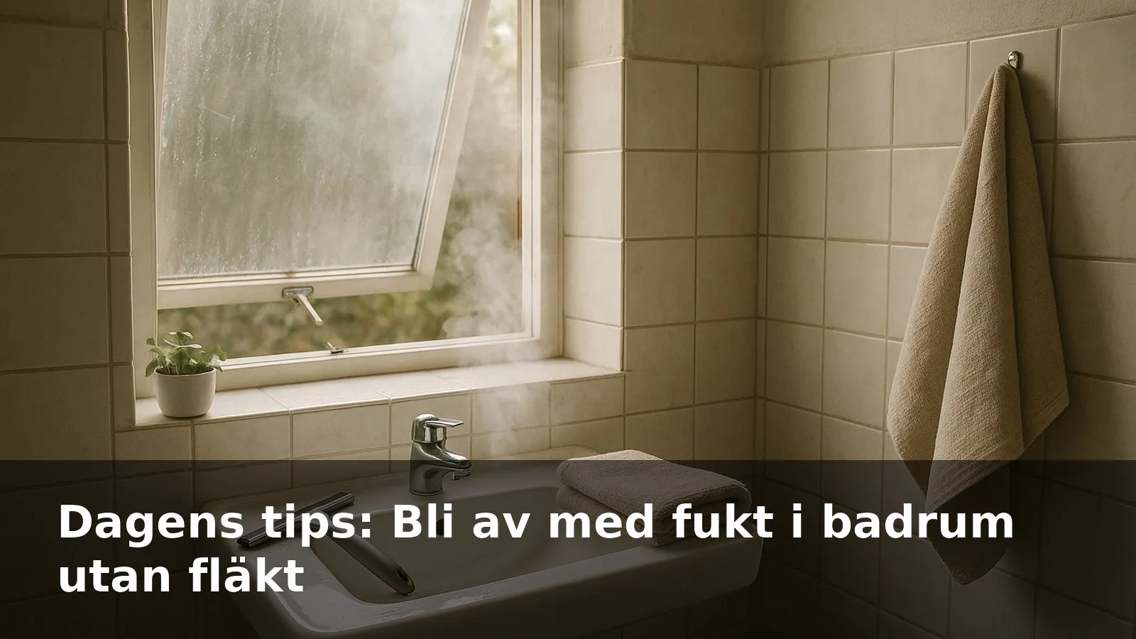Ett litet badrum med öppet fönster upptill där ångan vädras ut; en duschskrapa och handduk vid handfatet.