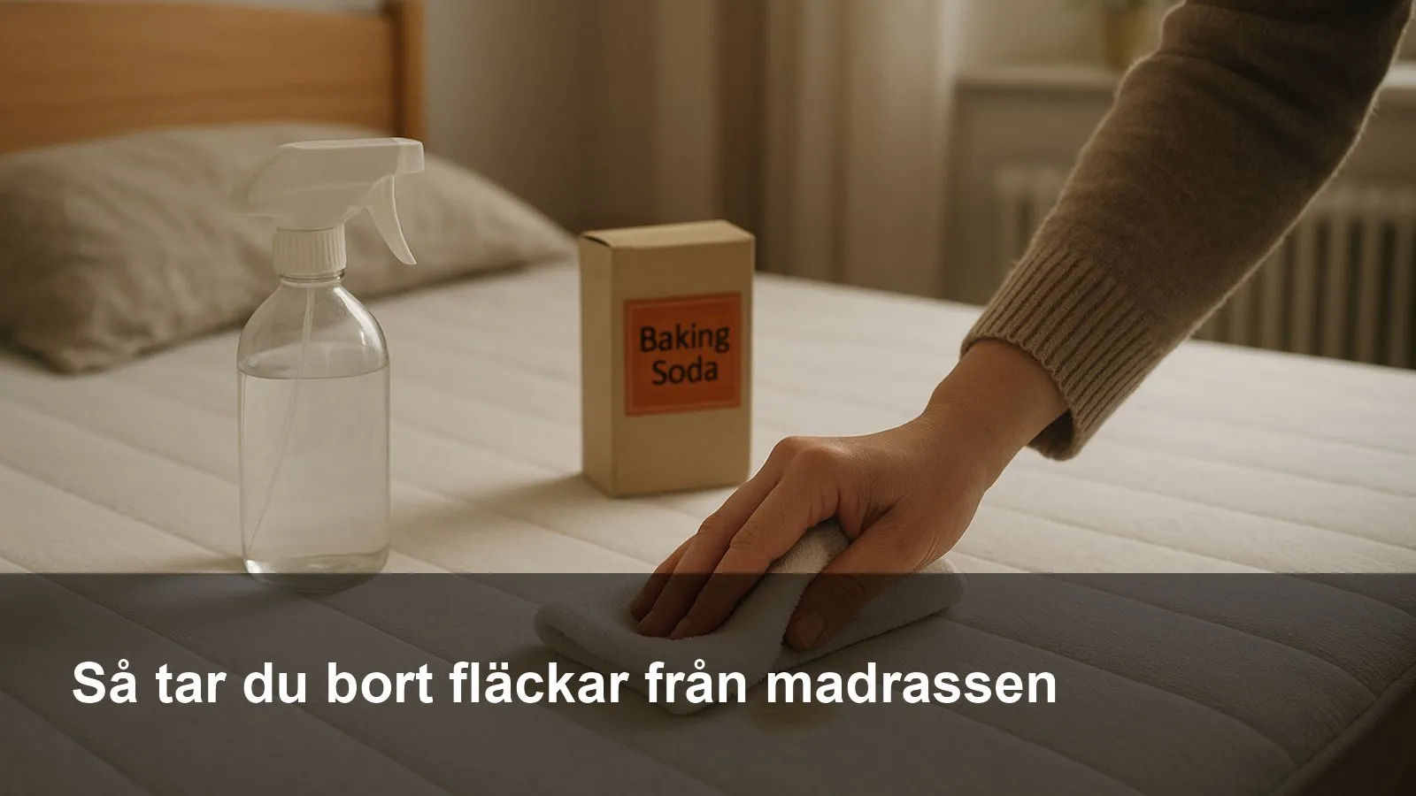 Hand som baddar en fläck på en vit madrass med en ren trasa, sprejflaska och bikarbonat bredvid.