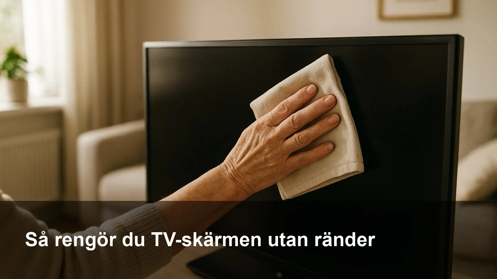 Hand som torkar en avstängd TV-skärm med torr mikrofiberduk utan ränder.