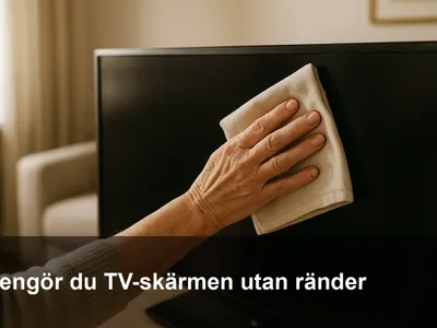 Hand som torkar en avstängd TV-skärm med torr mikrofiberduk utan ränder.