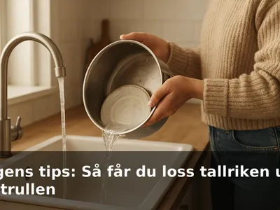 Person håller en uppochned vänd kastrull över diskhon och spolar hett vatten på utsidan för att släppa en fastkilad tallrik.