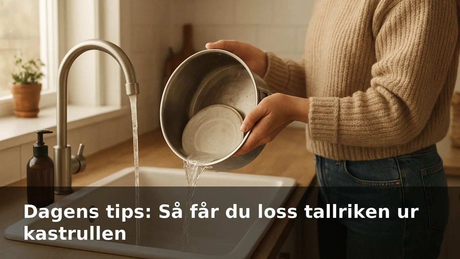 Person håller en uppochned vänd kastrull över diskhon och spolar hett vatten på utsidan för att släppa en fastkilad tallrik.