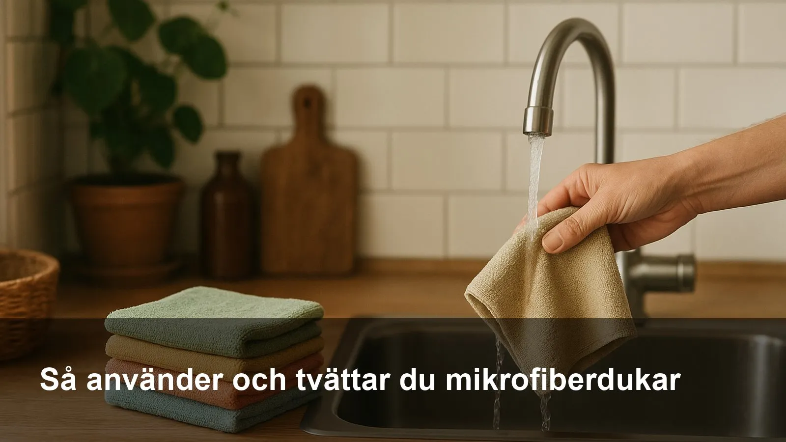Flera färgkodade mikrofiberdukar vikta på en träbänk, en duk fuktas över diskhon.