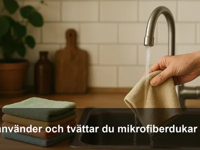 Flera färgkodade mikrofiberdukar vikta på en träbänk, en duk fuktas över diskhon.