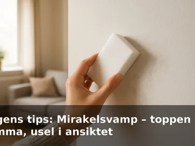 En hand som suddar bort svarta märken på en vit vägg med en mirakelsvamp.