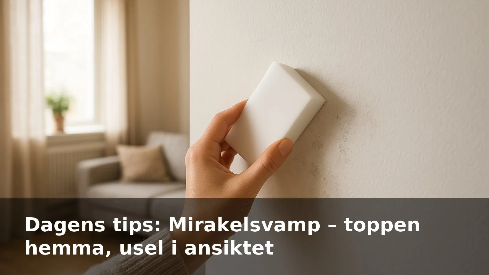 En hand som suddar bort svarta märken på en vit vägg med en mirakelsvamp.
