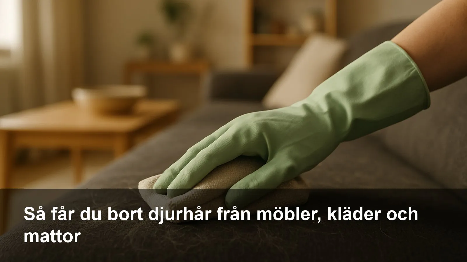 Hand med gummihandske som samlar upp katthår från en mörk tygsoffa