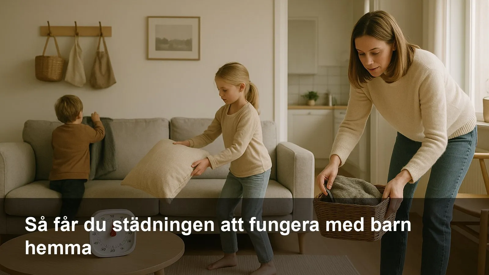 Förälder och barn gör en 10‑minuters plockrunda i ett ljust vardagsrum med korgar och timer.
