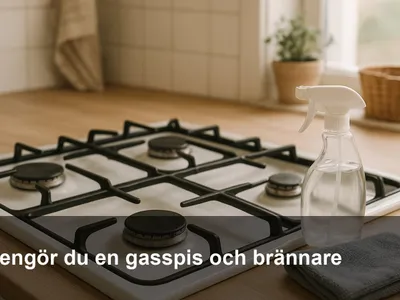Nyrengjord gasspis med svarta galler och torra brännare som tänder fint