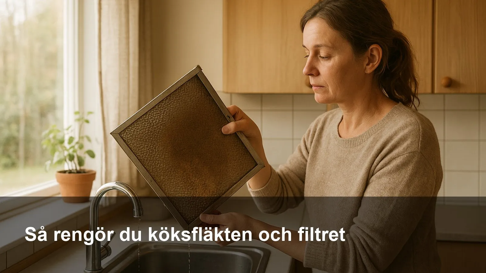 Person lyfter ur ett fettfilter ur köksfläkten över diskhon