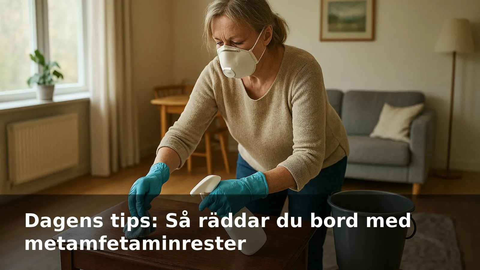 Äldre kvinna som tvättar ett antikt träbord utomhus med handskar och andningsskydd.