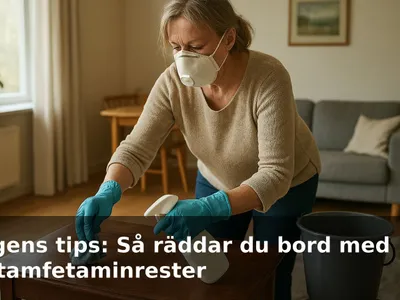 Äldre kvinna som tvättar ett antikt träbord utomhus med handskar och andningsskydd.
