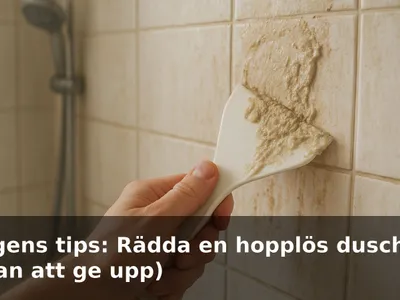 Närbild på en mycket smutsig duschvägg som skrapas med en plastskrapa, med tjockt tvålskum och kalk som lossnar.