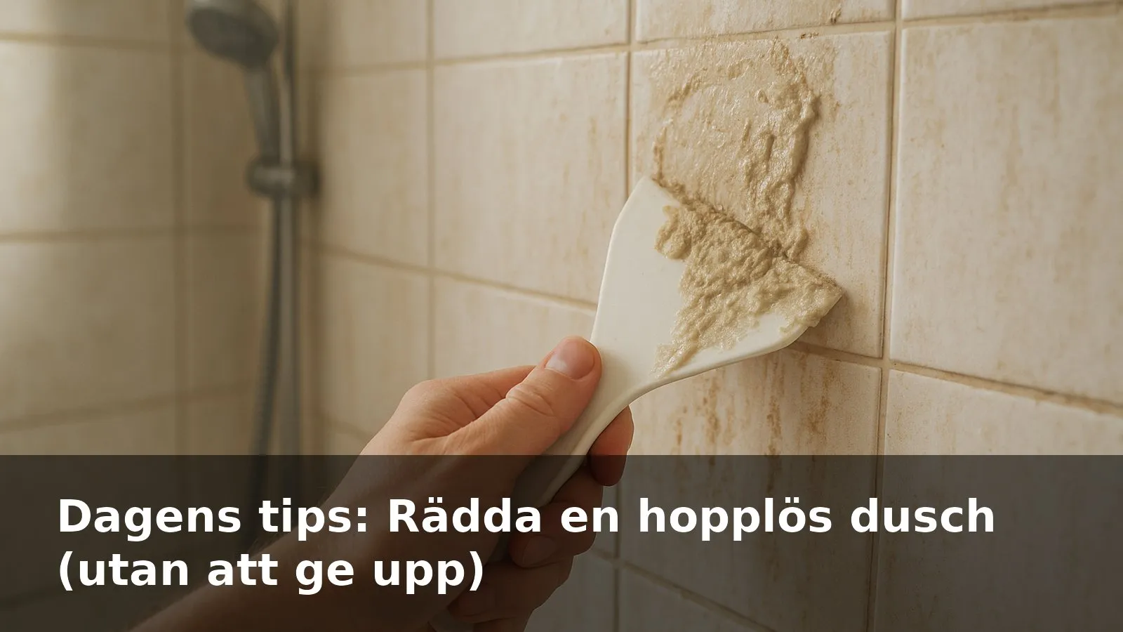 Närbild på en mycket smutsig duschvägg som skrapas med en plastskrapa, med tjockt tvålskum och kalk som lossnar.