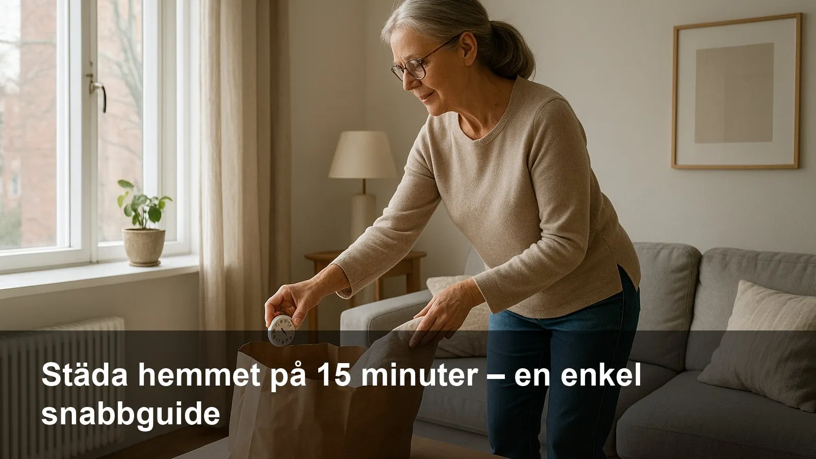 En person vädrar snabbt och plockar undan i ett ljust vardagsrum med kuddar som puffas och en filt som läggs tillrätta.