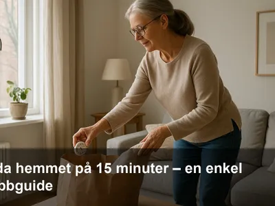 En person vädrar snabbt och plockar undan i ett ljust vardagsrum med kuddar som puffas och en filt som läggs tillrätta.