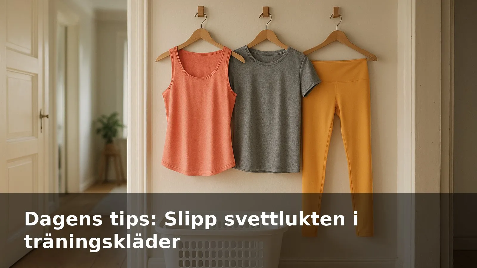 Träningskläder som hänger och luftas över en öppen, luftig tvättkorg.