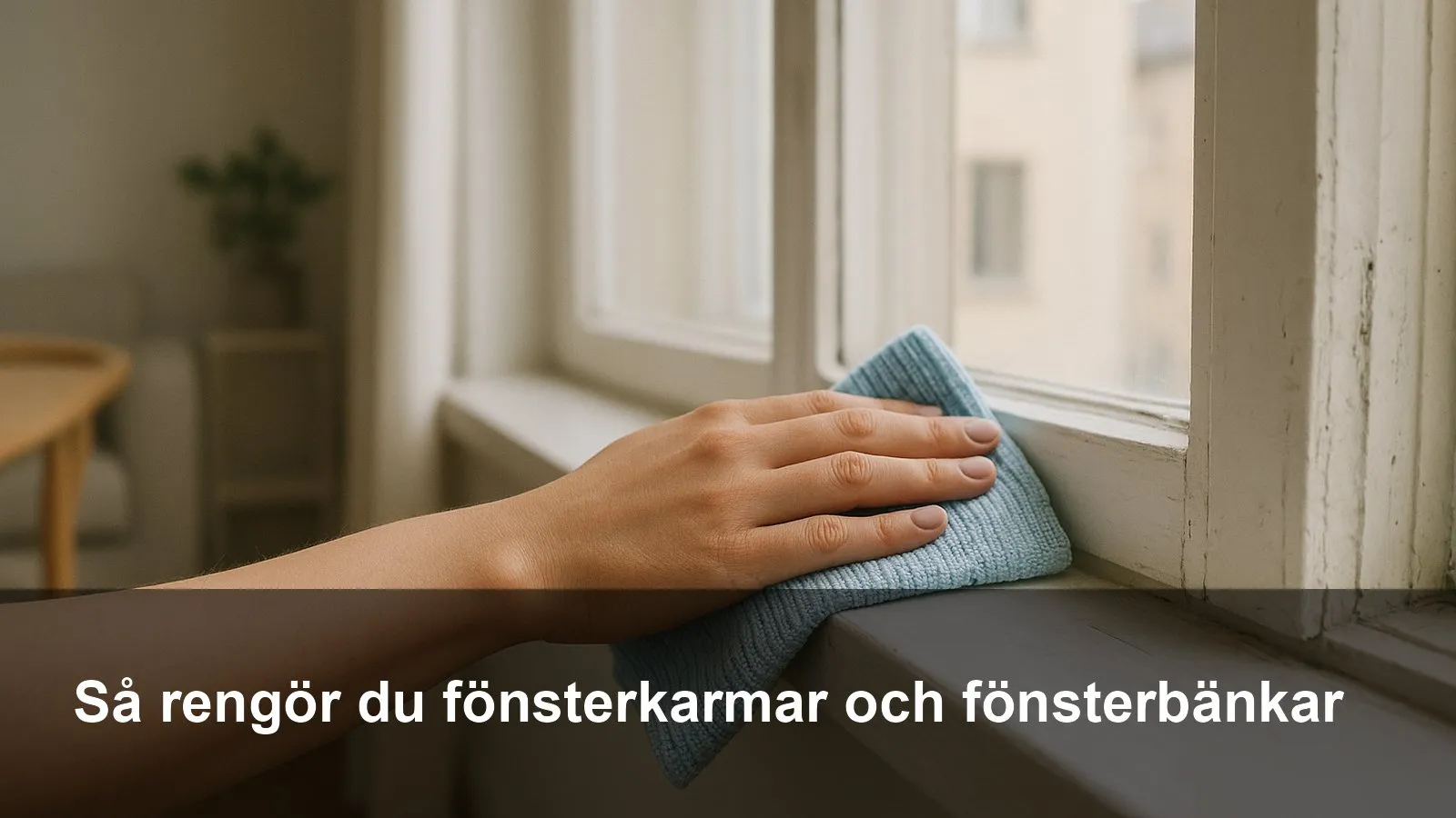 Hand som torkar en vit fönsterkarm och fönsterbänk med blå mikrofiberduk i dagsljus.