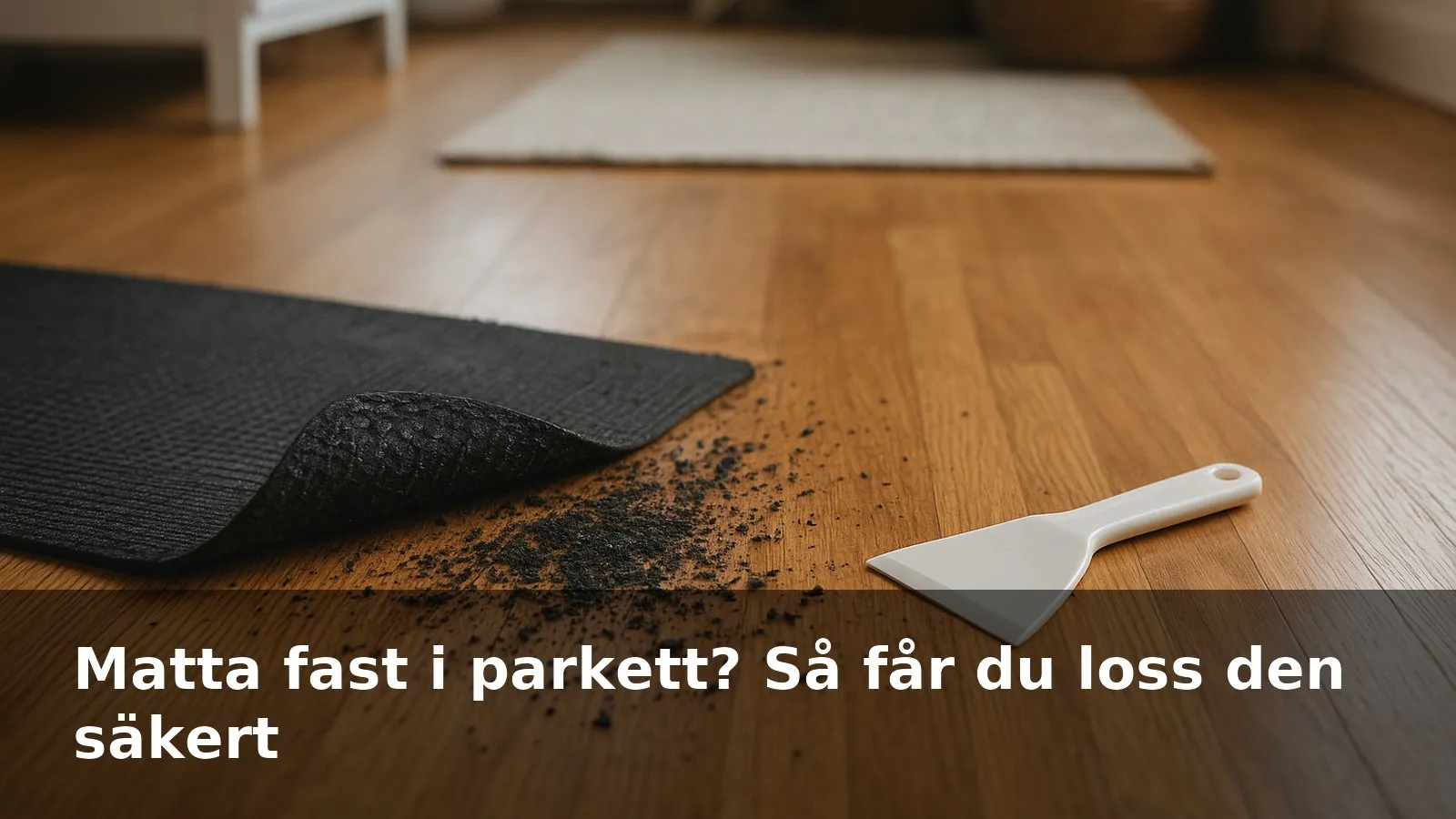 Svarta, gummiliknande mattrester fast på ett lackat parkettgolv bredvid en plastskrapa.