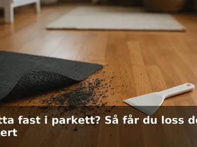 Svarta, gummiliknande mattrester fast på ett lackat parkettgolv bredvid en plastskrapa.