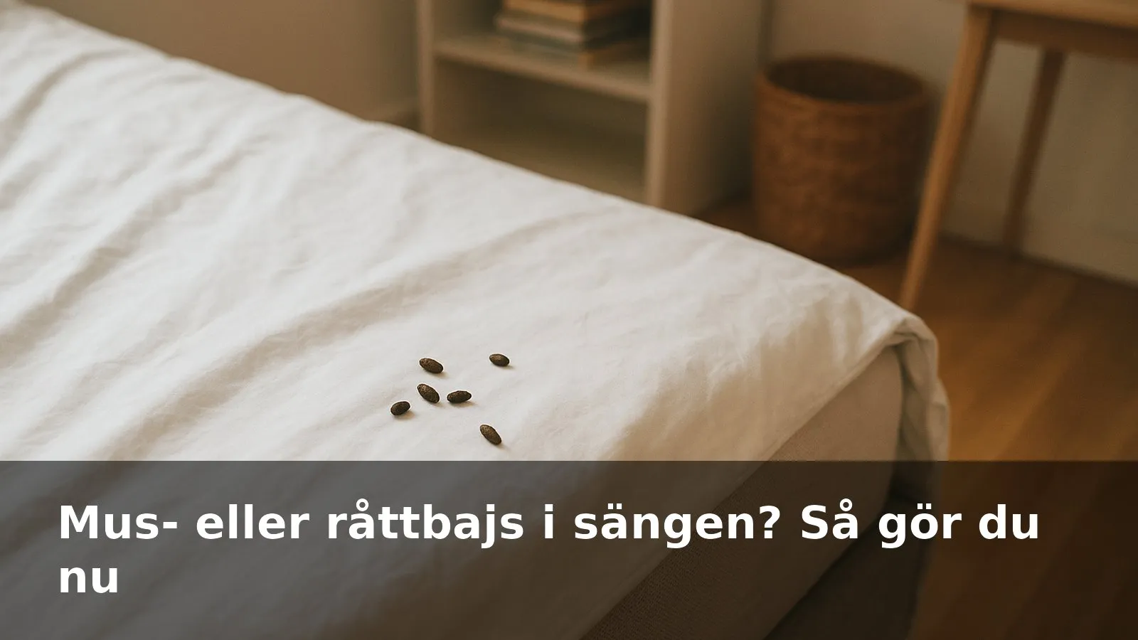 Närbild på små mus- eller råttbajs på ett vitt lakan vid sängkanten i ett studentrum