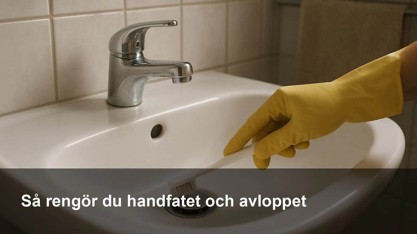 En hand i handske skrubbar handfatets propp och avlopp med en tandborste.