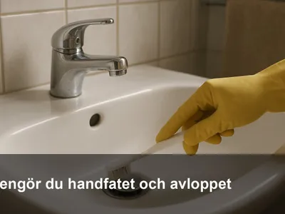 En hand i handske skrubbar handfatets propp och avlopp med en tandborste.